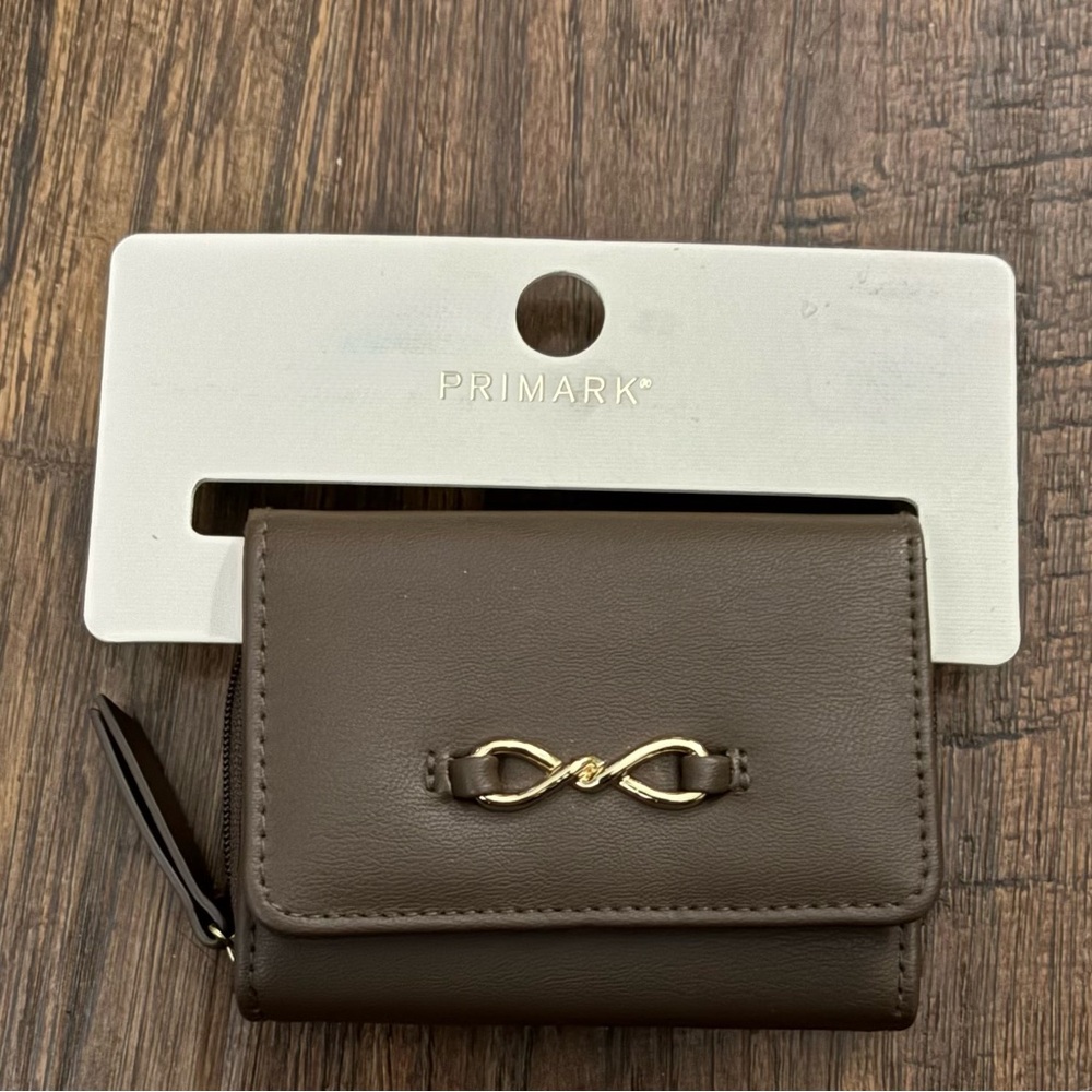 NEW Primark Brown Trifold Zip Wallet w Gold Infinity Symbol Card Slot Billfold